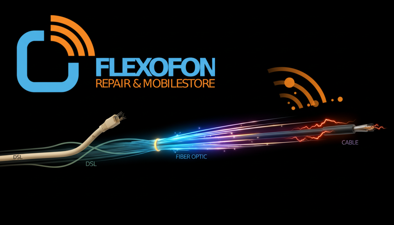 Vergleich von DSL, Glasfaser kabel und Kabelverbindungen mit farbenfroher Darstellung von Geschwindigkeit und Technologie