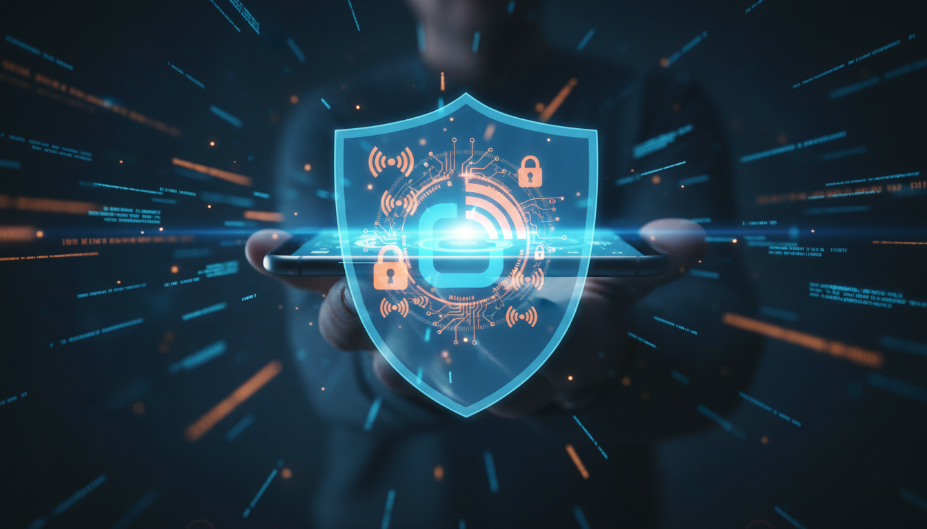 Person hält ein Smartphone mit holografischem Schutzschild und digitalen Sicherheitssymbolen. Die Darstellung betont die Smartphone-Sicherheit und Schutzmaßnahmen gegen Cyberangriffe.