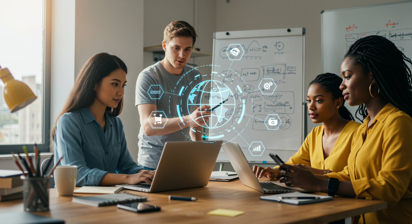 Ein junges Start-up-Team nutzt virtuelle Rufnummern über Laptop und Smartphone – Symbolbild für moderne, ortsunabhängige Geschäftskommunikation.