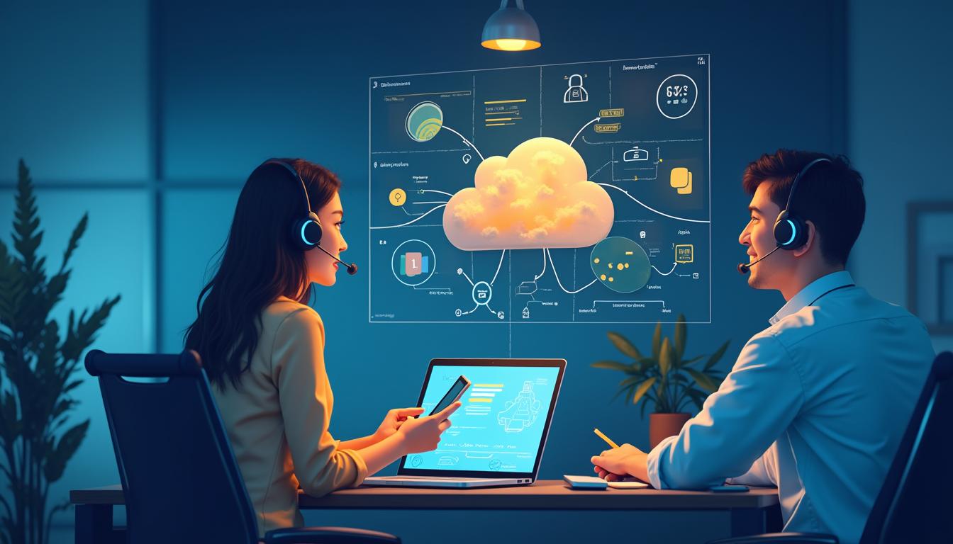 Illustration zeigt moderne Business Telefonie 2025 mit Cloud Telefonanlage und VoIP Anbieter aus Deutschland – professionelle Kommunikation für Unternehmen.