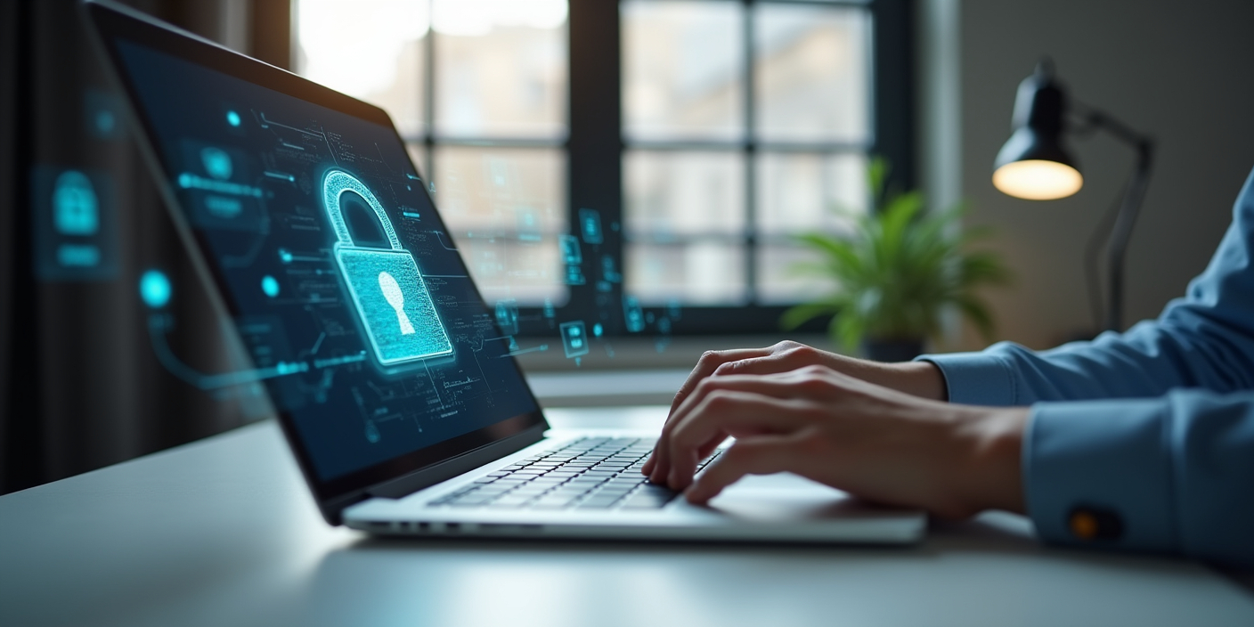 Laptop mit Sicherheitssymbolen – Cyber Hygiene schützt vor digitalen Gefahren