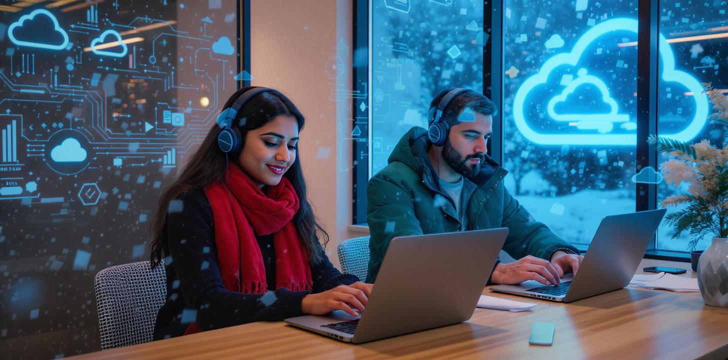 Business-Mitarbeiter nutzen eine Telefonanlage in der Cloud cloudbasierte Telefonanlage über Laptop und Headset – Symbolbild für digitale Kommunikation in Unternehmen.