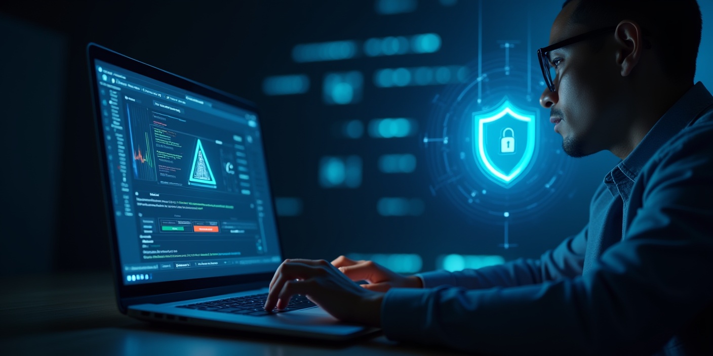 Laptop mit Warnsymbol und digitalem Schutzschild – digitales Frühwarnsystem schützt vor Betrug