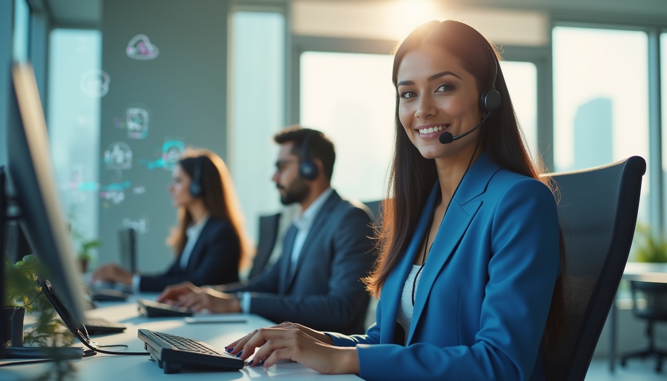 Ein Team nutzt VoIP Telefonie für Unternehmen mit Headsets und Laptops – modernes Arbeiten mit cloudbasierter Telefonlösung.
