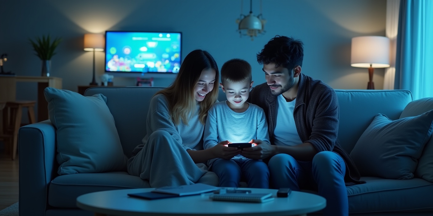 Familie lernt digitale Kompetenz gemeinsam, sichere Smartphone-Nutzung im Alltag