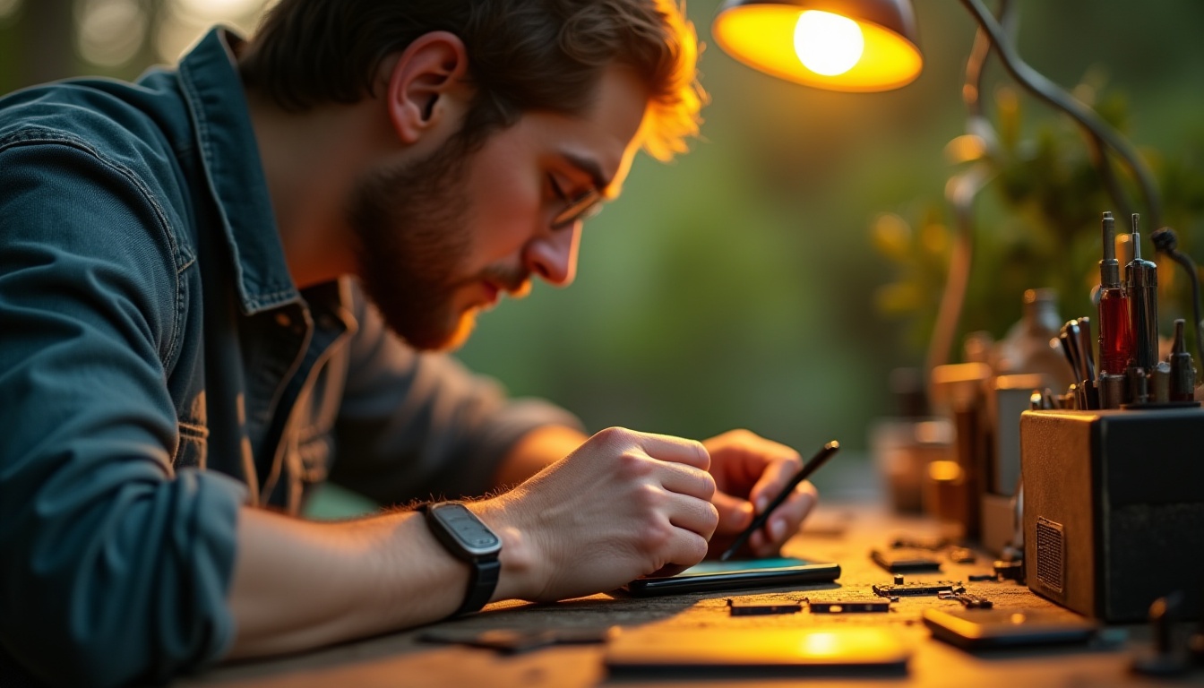 Techniker bei nachhaltiger Handyreparatur in Geesthacht mit grünem Hintergrund