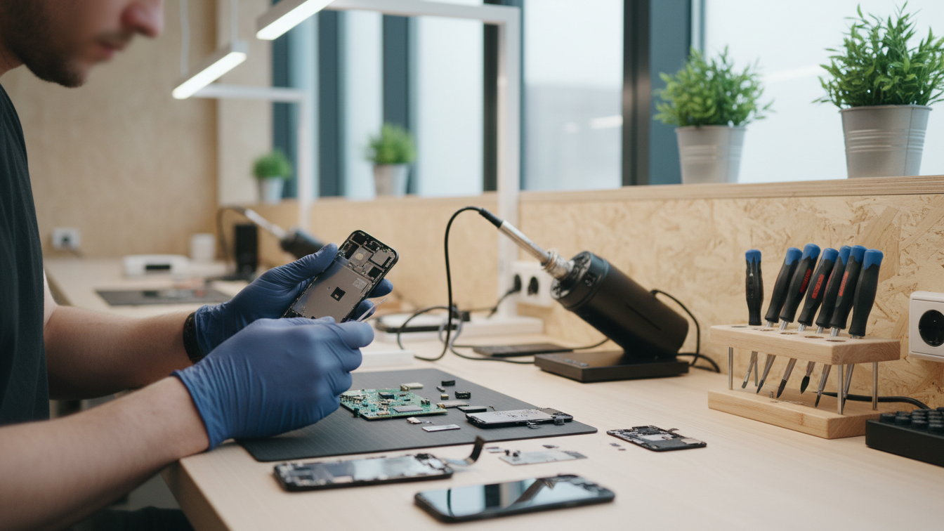 Techniker prüft Smartphone-Bauteile in moderner Werkstatt – Symbol für hochwertigen Reparaturservice 2026.
