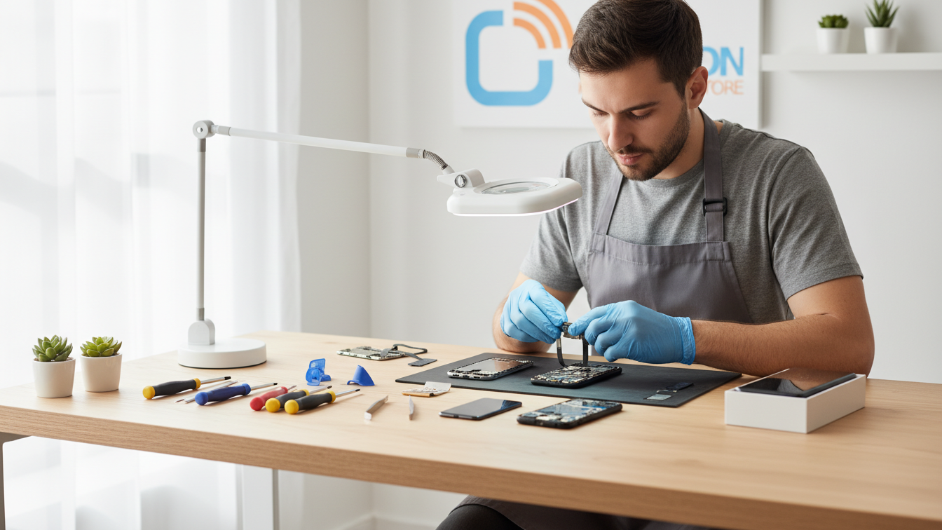 Techniker arbeitet an refurbished und repariert 2026 Smartphones – Symbol für nachhaltige Technik.