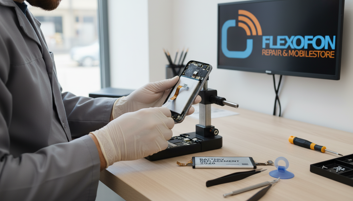 Akku wechseln 2026 – Techniker tauscht Smartphone-Batterie in moderner Reparaturwerkstatt