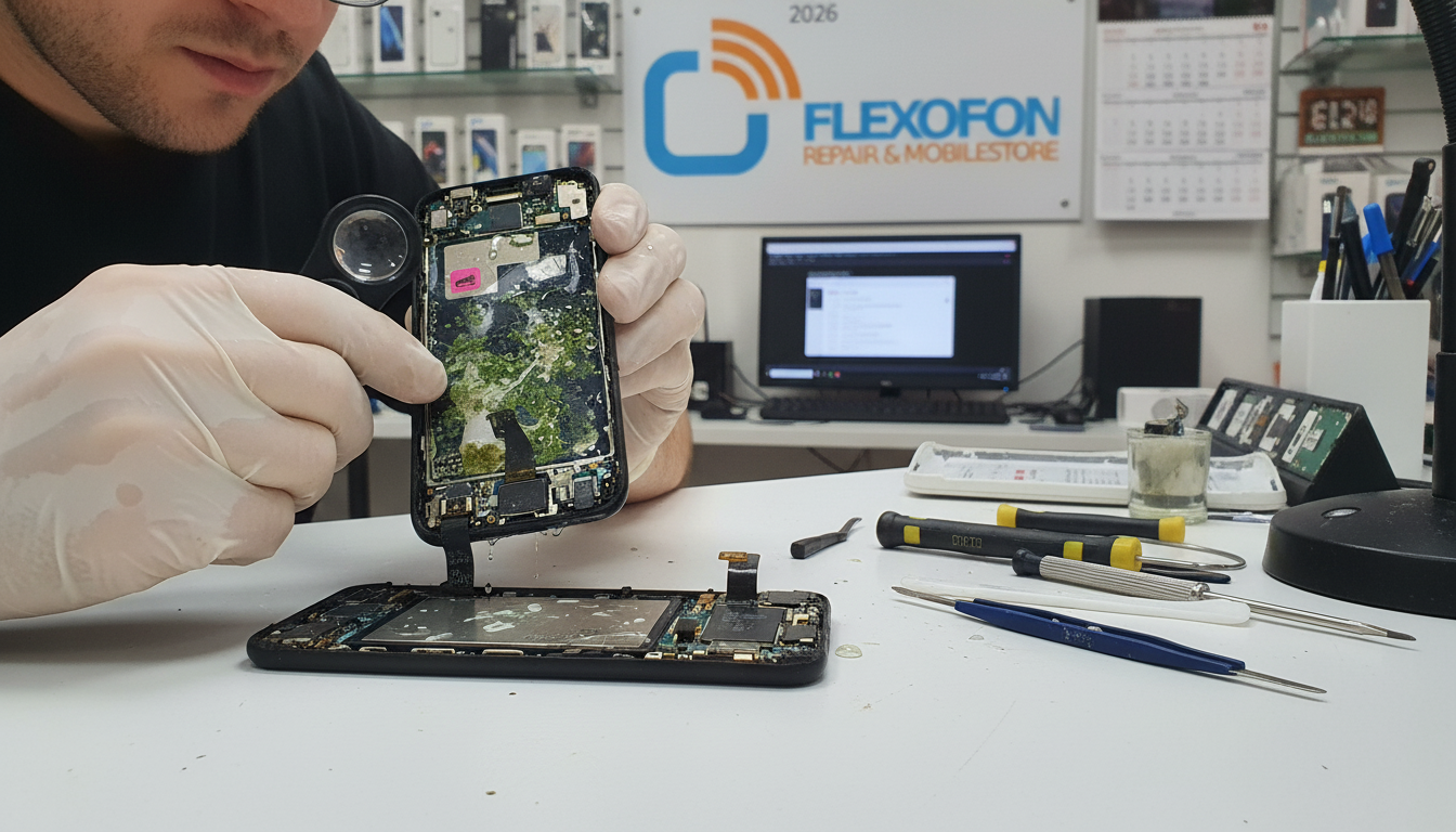 Smartphone Wasserschaden 2026 – Techniker untersucht ein geöffnetes Smartphone mit Wasserschaden in einer Reparaturwerkstatt