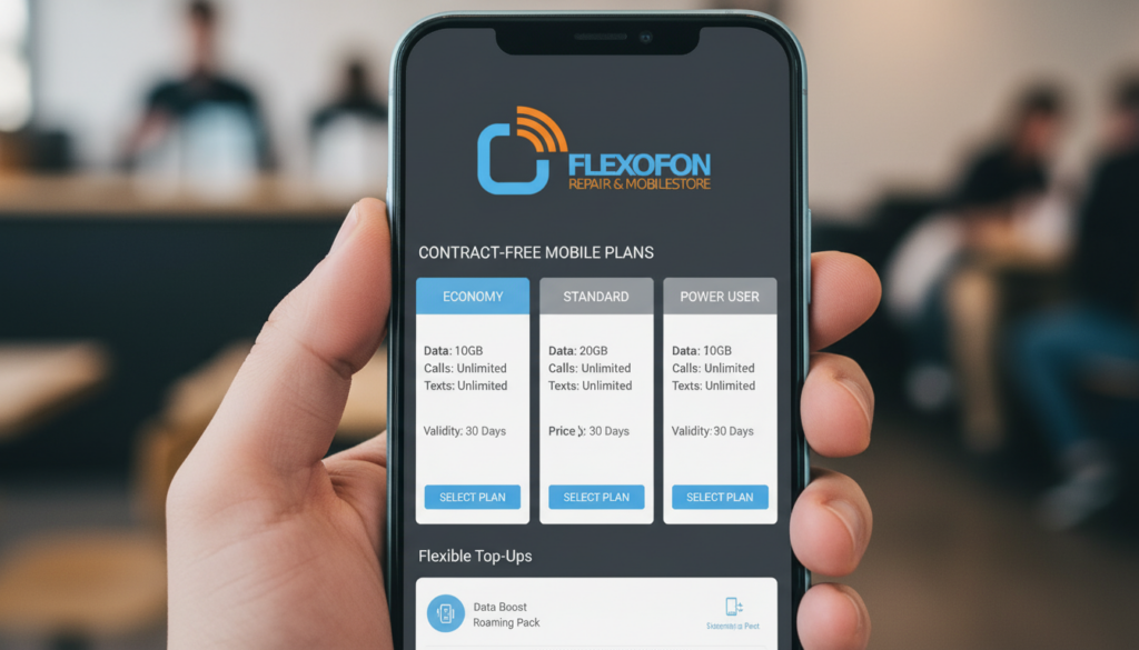 Mobilfunk ohne Vertrag 2026 – Smartphone mit Prepaid- und Flex-Tarif-Vergleich auf dem Bildschirm