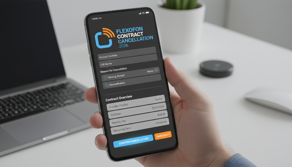 Handy kündigen 2026 – Smartphone mit digitalem Kündigungsformular und Vertragsübersicht