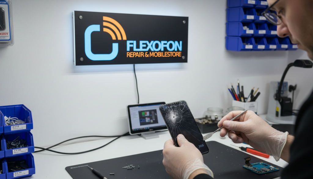 Displaybruch 2026 – Smartphone mit gesprungenem Display wird in Werkstatt repariert